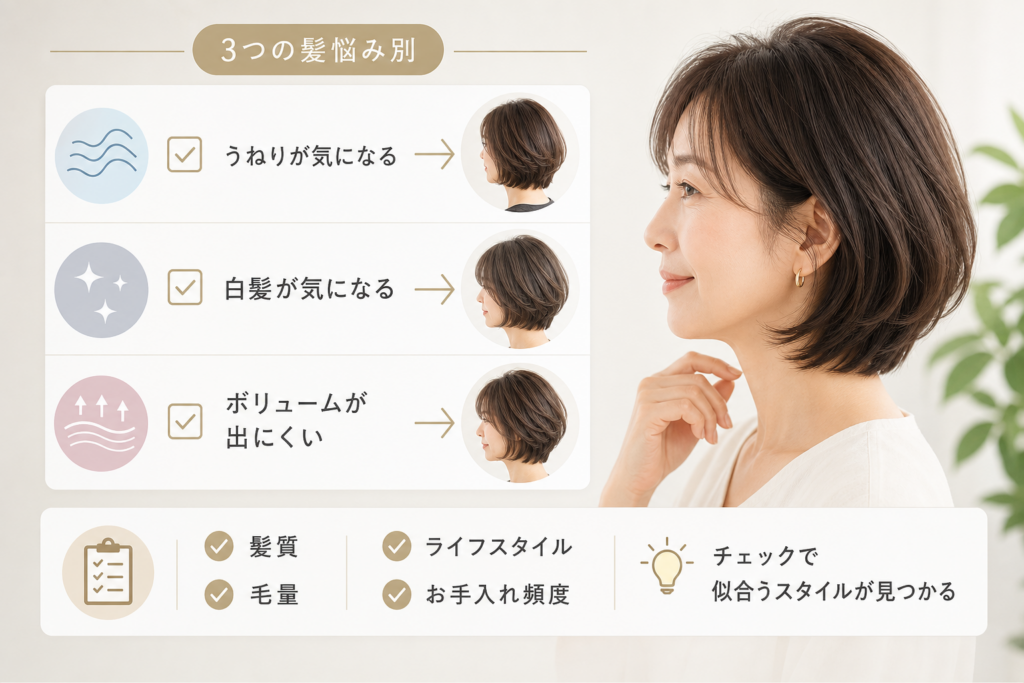 50代の髪型や髪悩みチェックリストで分かる！うねり・白髪・ボリューム別おすすめミディアムボブ