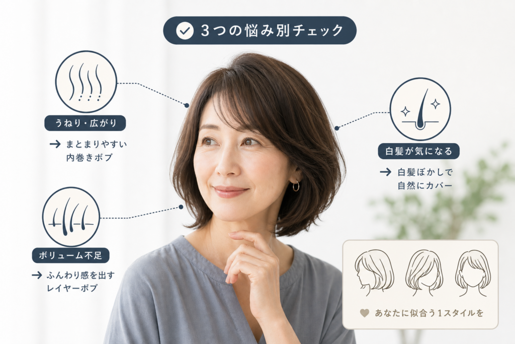 50代の髪型や髪悩みチェックリストで分かる！うねり・白髪・ボリューム別おすすめミディアムボブ