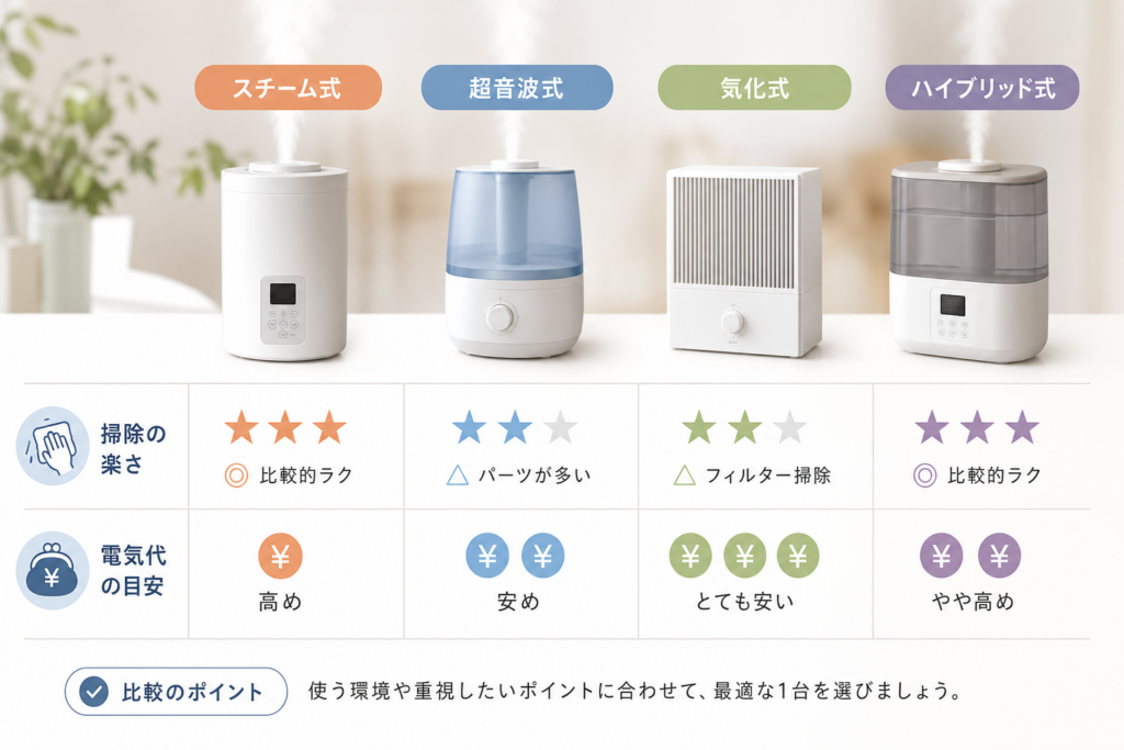 スチーム式・超音波式・気化式・ハイブリッド式を掃除の楽さと電気代で比較