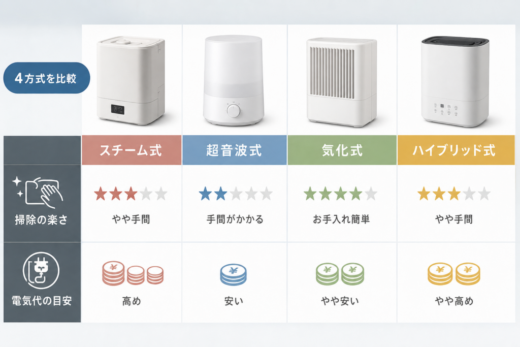 スチーム式・超音波式・気化式・ハイブリッド式を掃除の楽さと電気代で比較