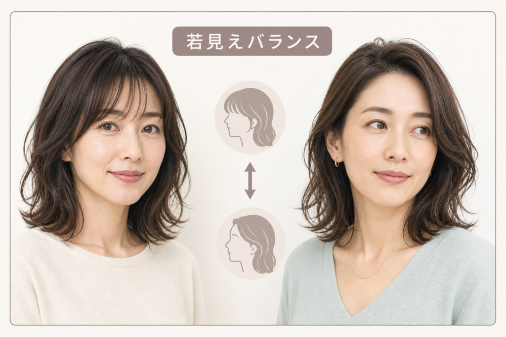 前髪ありか前髪なしか、40代ミディアムパーマの若見えバランス
