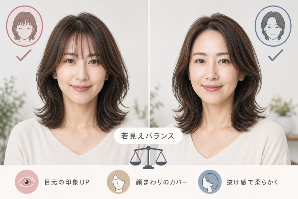 前髪ありか前髪なしか、40代ミディアムパーマの若見えバランス
