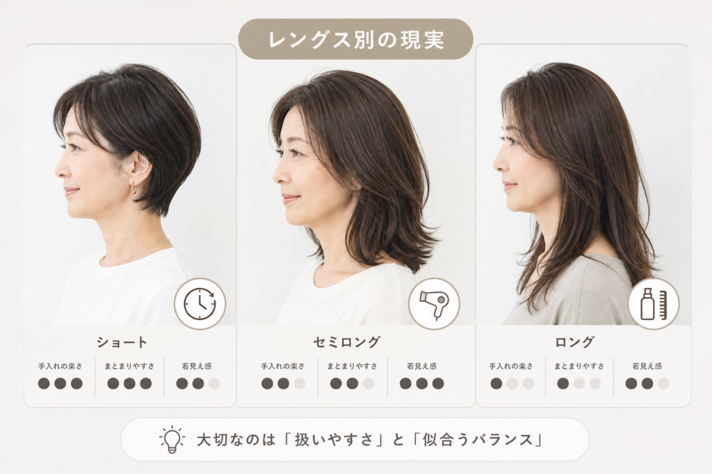 手入れが楽な髪型を選びたい60代がまず知るべき!レングス別リアルな現実