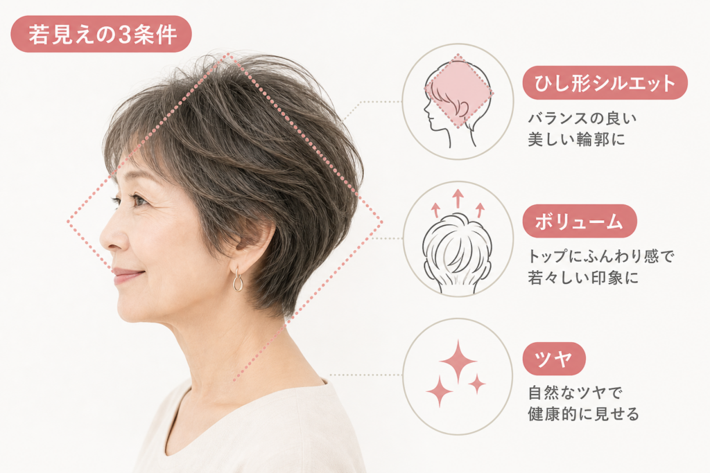 60代70代に似合うショートの条件|ひし形・ボリューム・ツヤの3軸