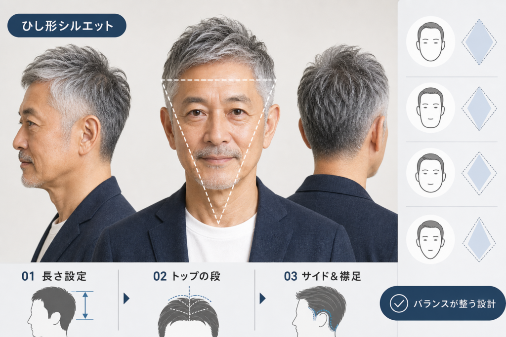 70代男性の顔型と体型別の髪型設計|ひし形シルエットで決まる長さと段
