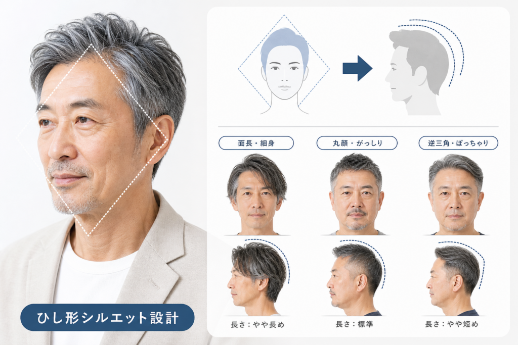 70代男性の顔型と体型別の髪型設計|ひし形シルエットで決まる長さと段