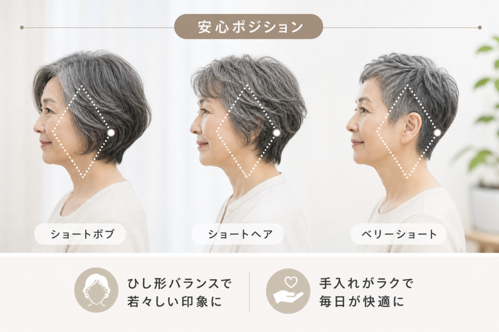 70歳のくせ毛に似合うショートヘア・ショートボブ・ベリーショートの「安心ポジション」
