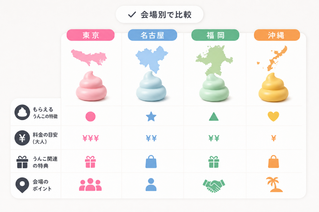 会場別にうんこがもらえる体験を比較！東京・名古屋・福岡・沖縄の違い