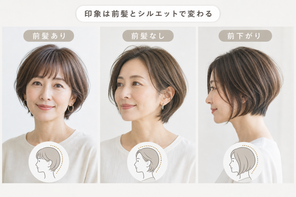 前髪あり・なし・前下がりで変わる50歳ショートボブの印象