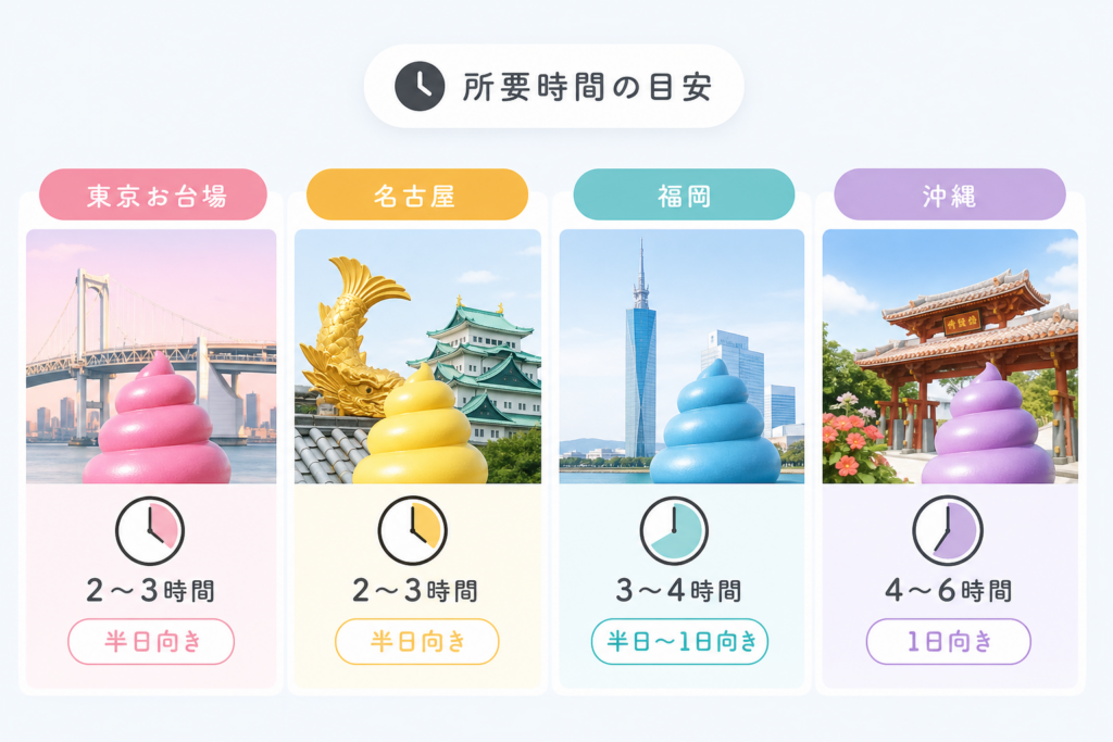 東京お台場・名古屋・福岡・沖縄ごとの所要時間の違いを押さえる