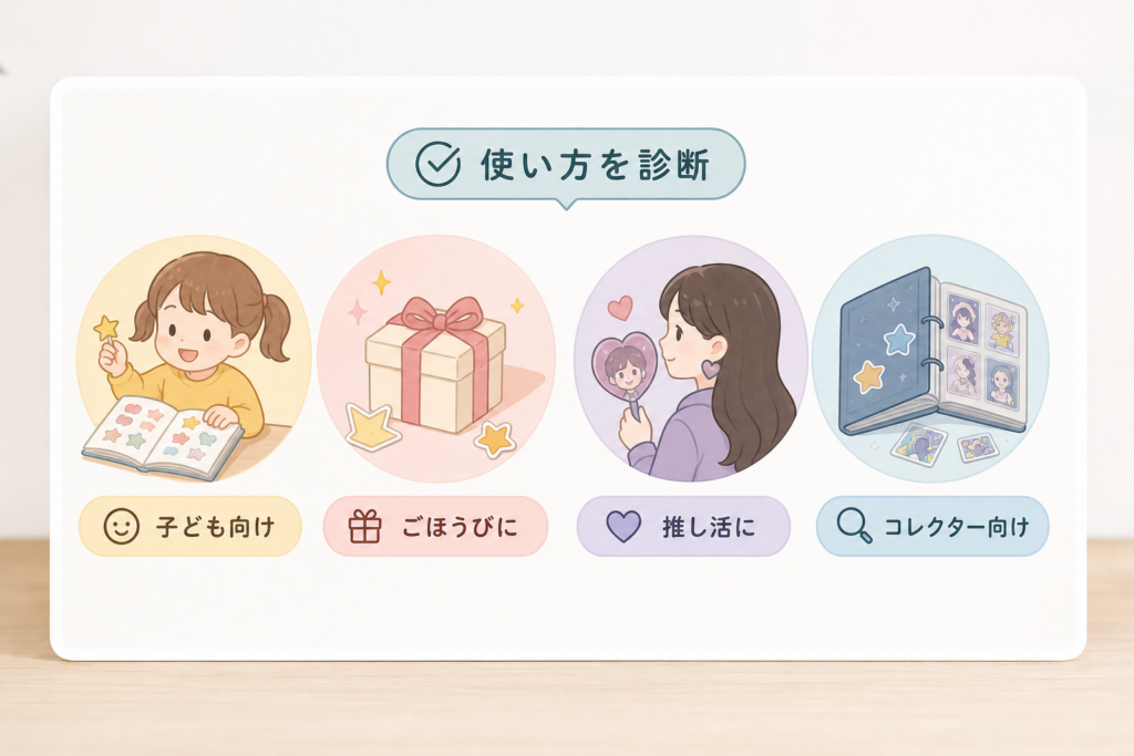 自分の使い方を診断する。子ども向け・ごほうび・推し活・コレクターのいずれか