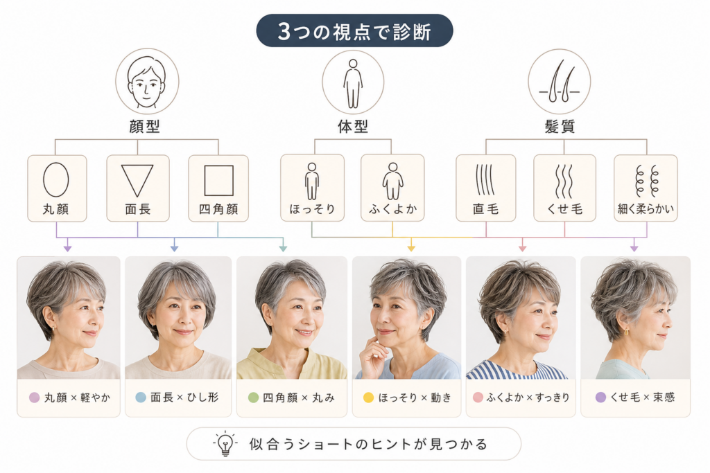 自分の顔型・体型・髪質から判断する70歳ショートカット診断チャート