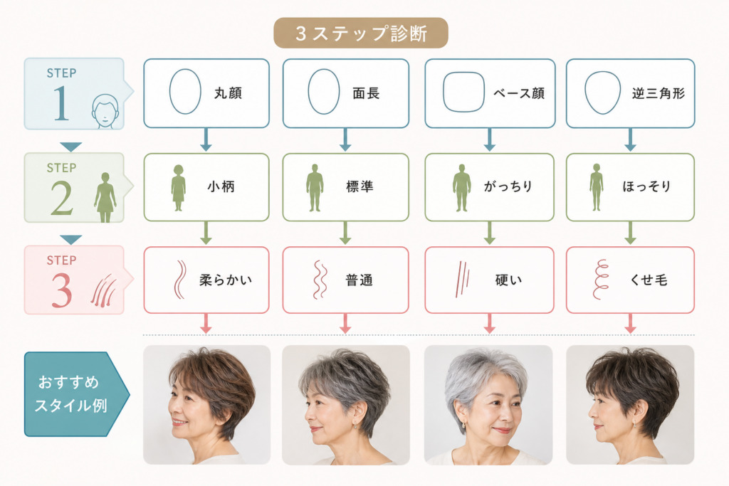 自分の顔型・体型・髪質から判断する70歳ショートカット診断チャート