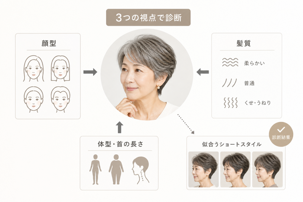 自分の顔型・体型・髪質から判断する70歳ショートカット診断チャート