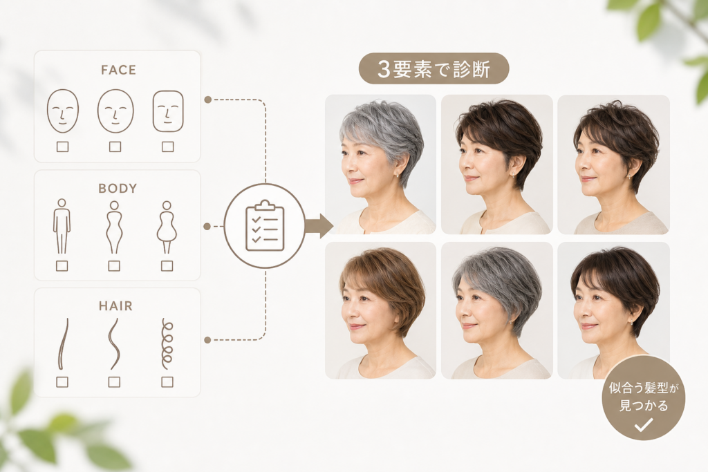 自分の顔型・体型・髪質から判断する70歳ショートカット診断チャート