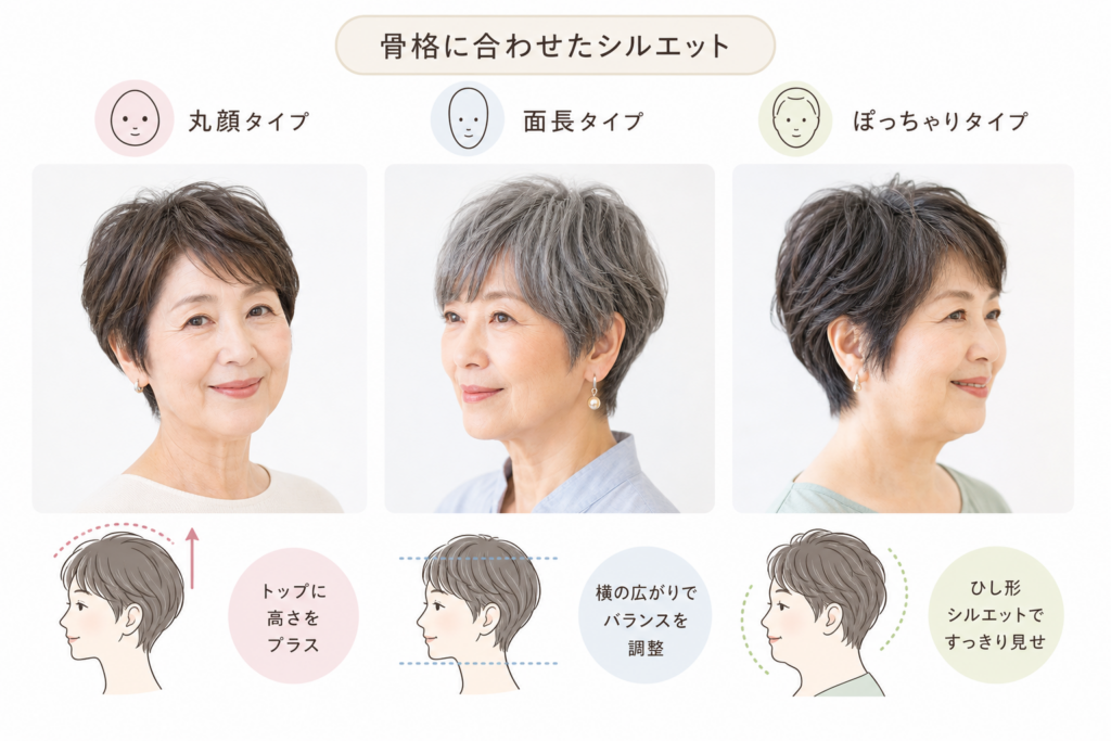 顔型・体型別の70代似合うショート｜丸顔・面長・ぽっちゃりの最適シルエット