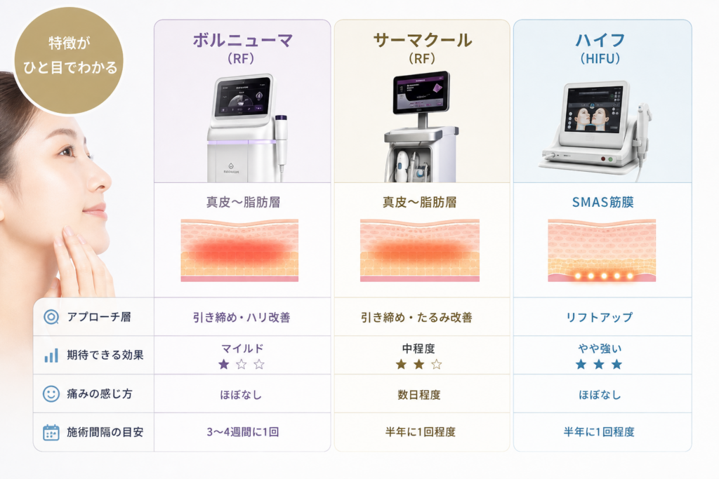 ボルニューマとハイフ・サーマクールなどRF治療器の違いを比較