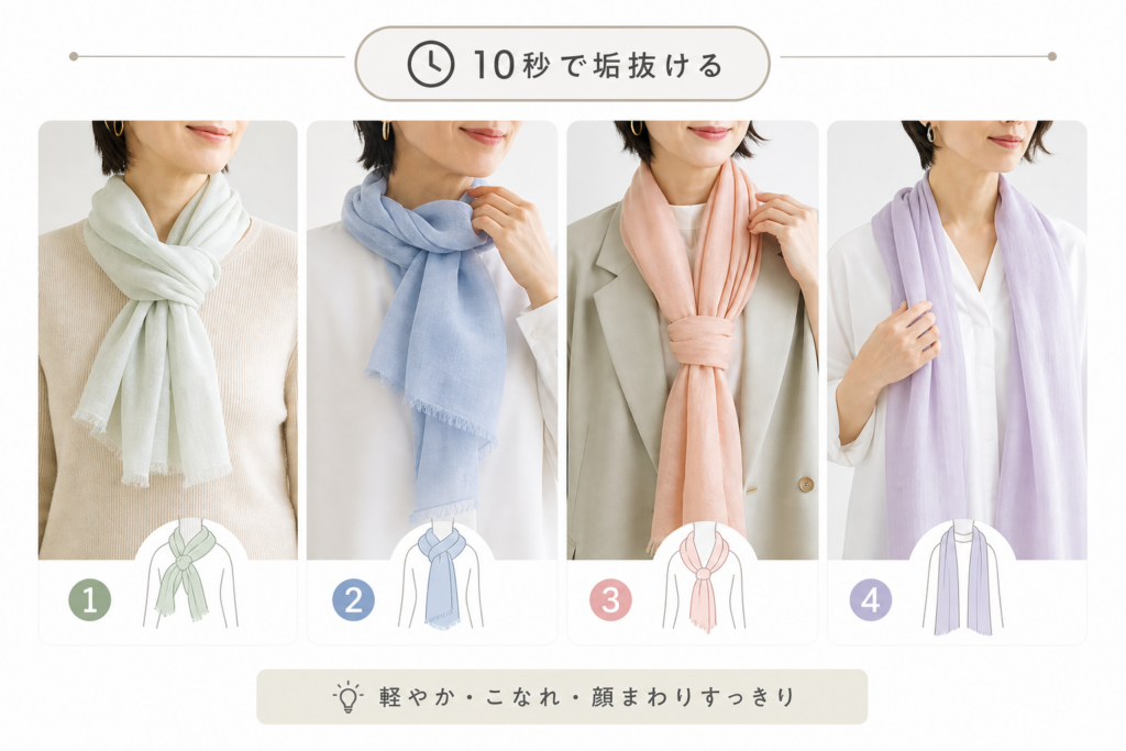10秒で垢抜ける!春夏ストールの巻き方4選【50代も簡単】