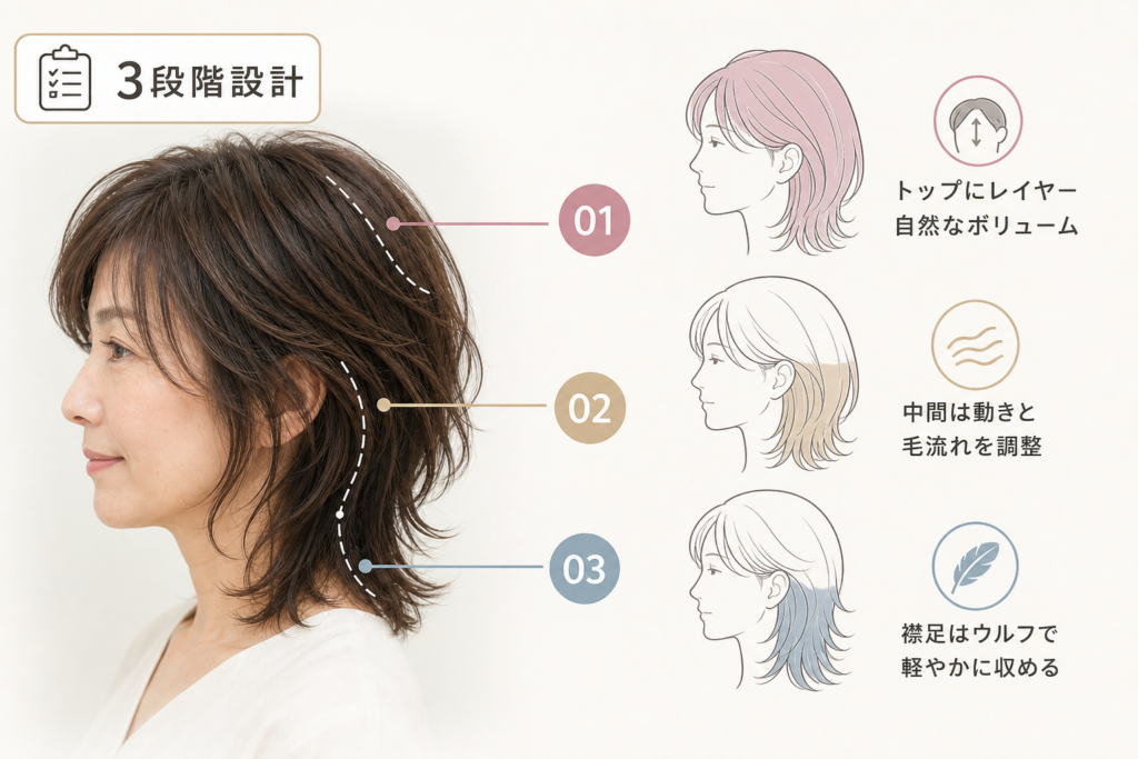 50代くせ毛を活かす「レイヤー」と「ウルフ」の正しいオーダー設計図