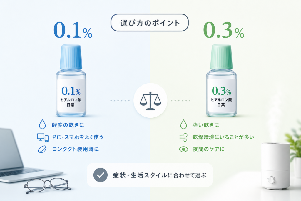 【比較表】0.1%と0.3%はどっちを選ぶ?症状・ライフスタイル別の選び方