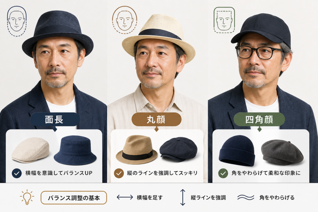 【顔型別】面長・丸顔・四角顔に似合う帽子の種類とバランス調整術