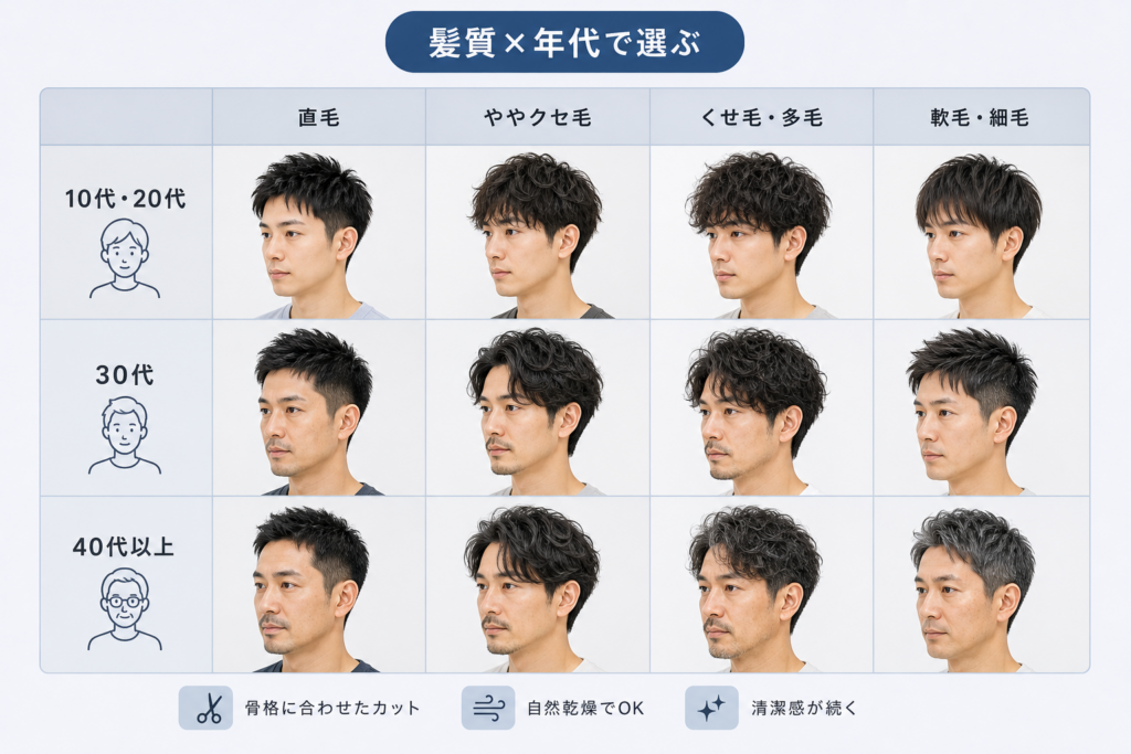 【髪質×年代別】ノーセットでキマるメンズショート適合診断マップ