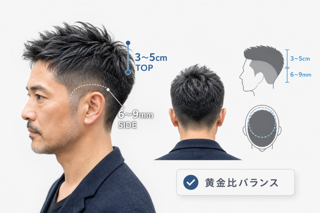【黄金比】50代メンズワイルドショートの設計「サイド6〜9mm×トップ3〜5cm」