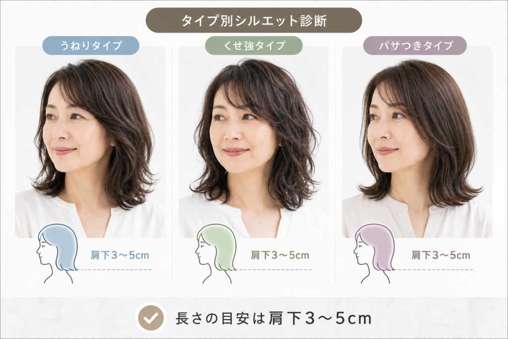 うねり・パサつきタイプ別|50代くせ毛に似合うミディアムの長さとシルエット診断