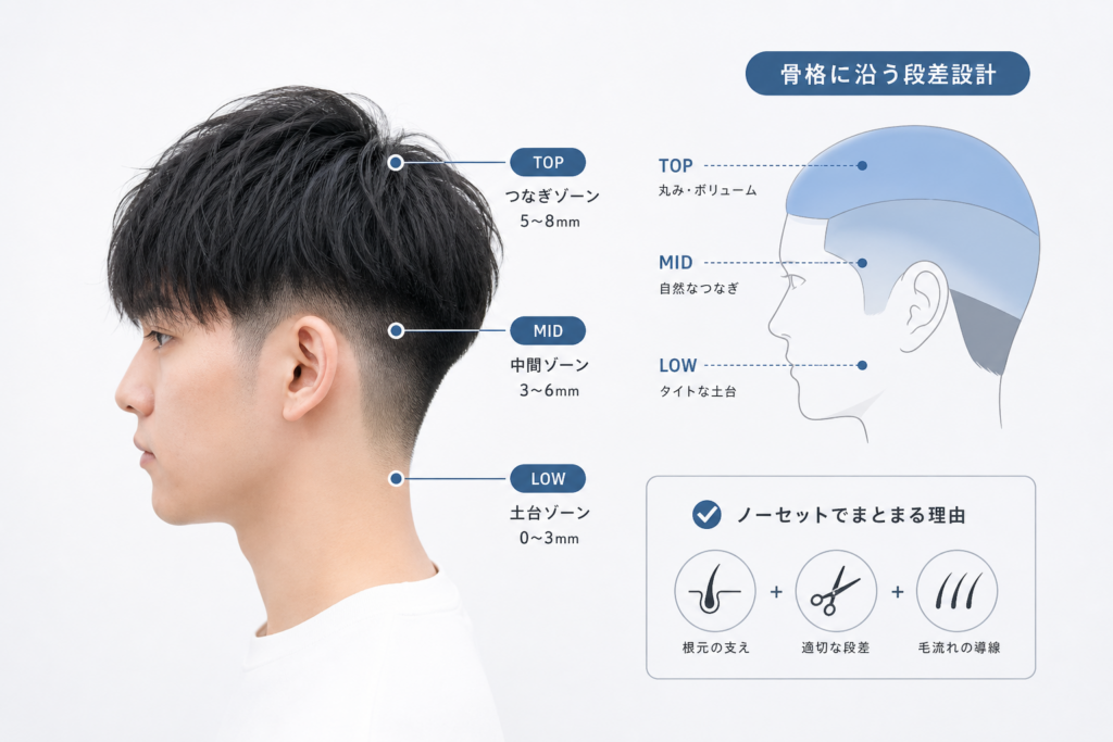 きのこ化を防ぐ「骨格連動型グラデーションカット」の構造とミリ数