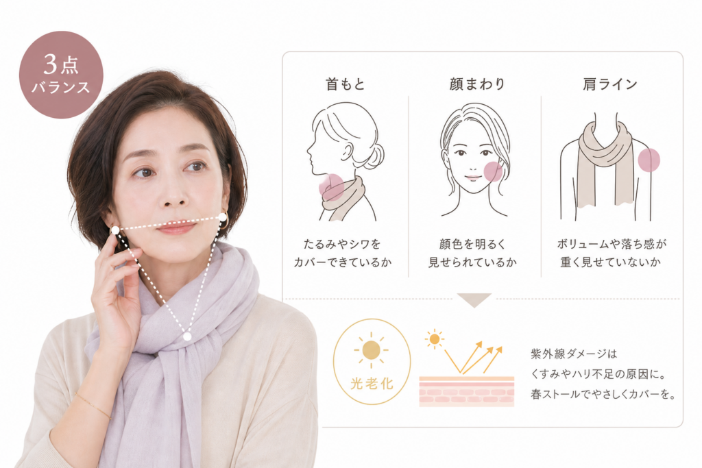 なぜ春ストールで「おばさん見え」するのか?首・顔・肩の3点バランスと光老化