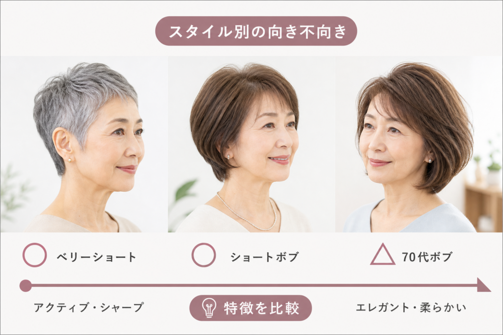 スタイル別比較：ベリーショート・ショートボブ・70代ボブの向き不向き