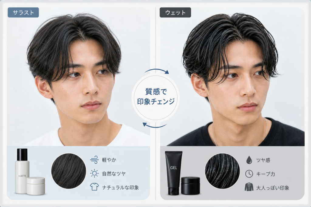 センターパートの種類と質感の使い分け(サラスト vs ウェット)
