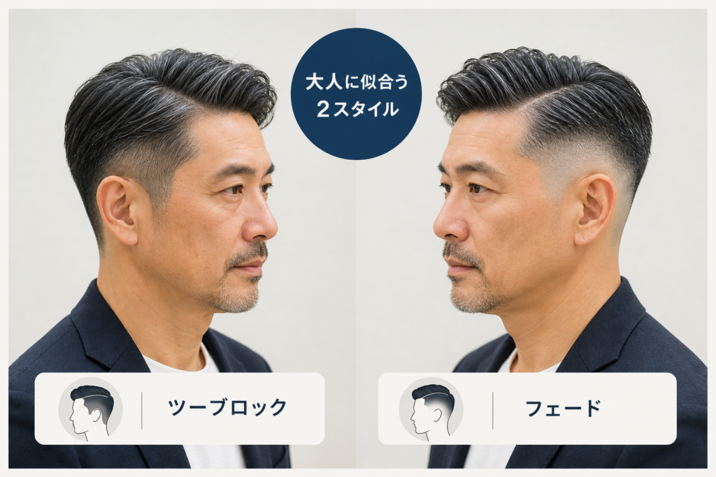 大人に似合う七三分けのスタイルバリエーション（ツーブロック・フェード）