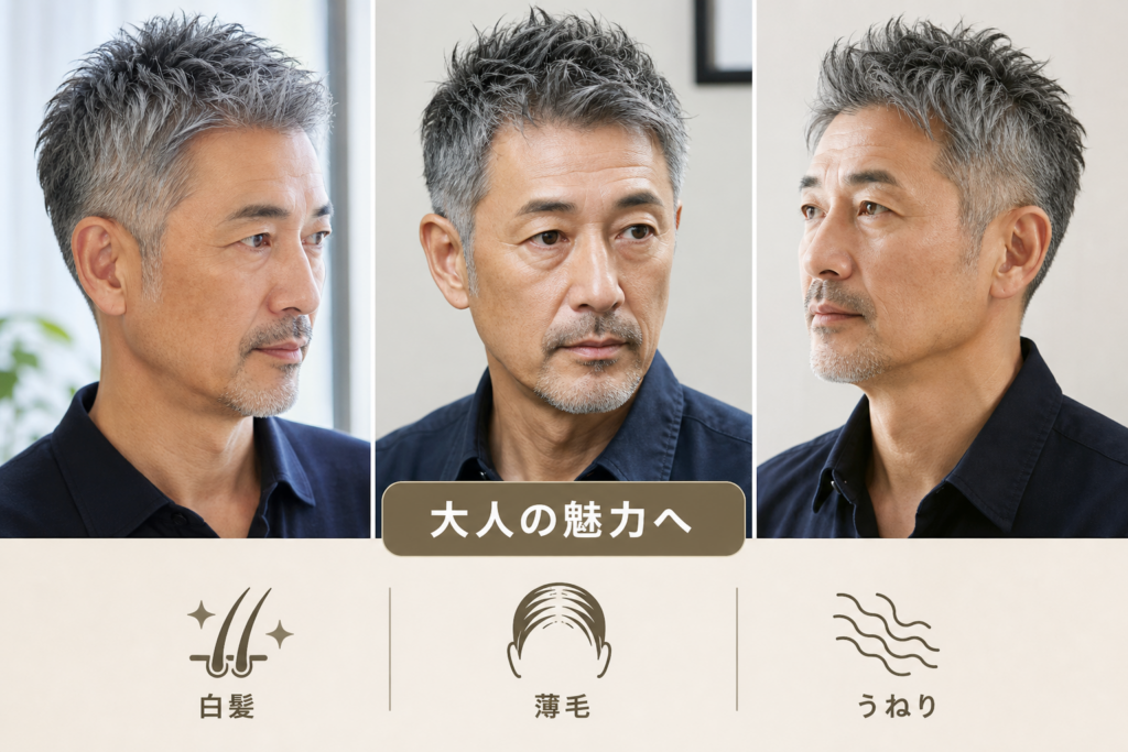 白髪・薄毛・うねりを「大人の魅力」に変えるワイルドショート術