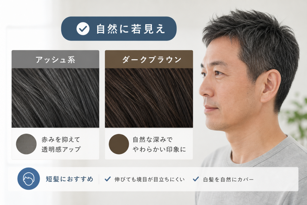 自然な仕上がりを叶える色選び｜アッシュ系とダークブラウンで若見え