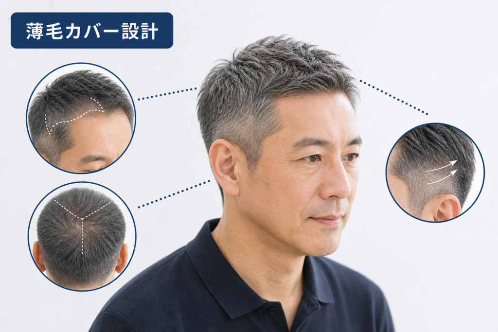 薄毛(M字・つむじ割れ)や白髪をカバーする50代の短髪設計