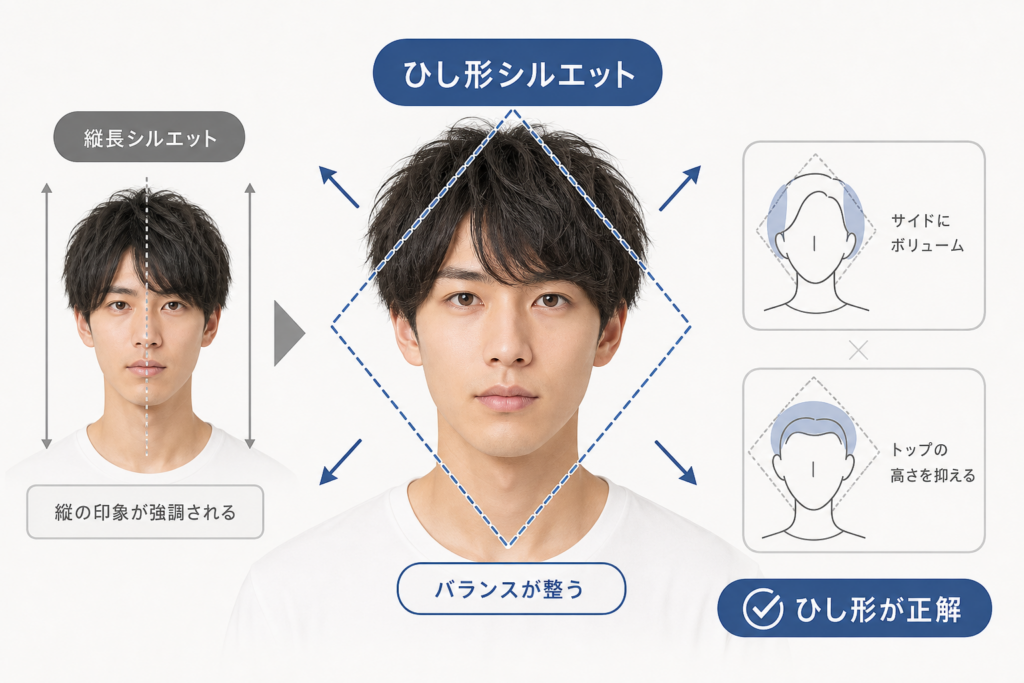 面長メンズに似合う髪型が「ひし形シルエット」9割と言える視覚の科学
