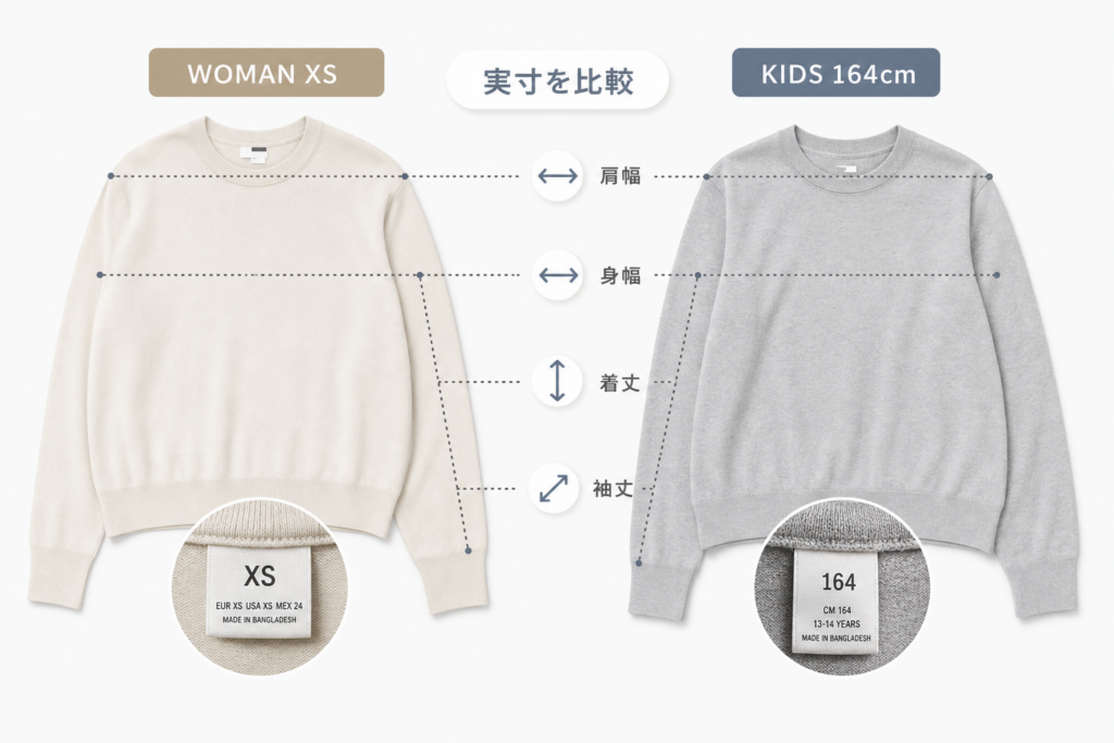 ZARAウィメンズXSとキッズ164cmの実寸を比較|レディースとの違い