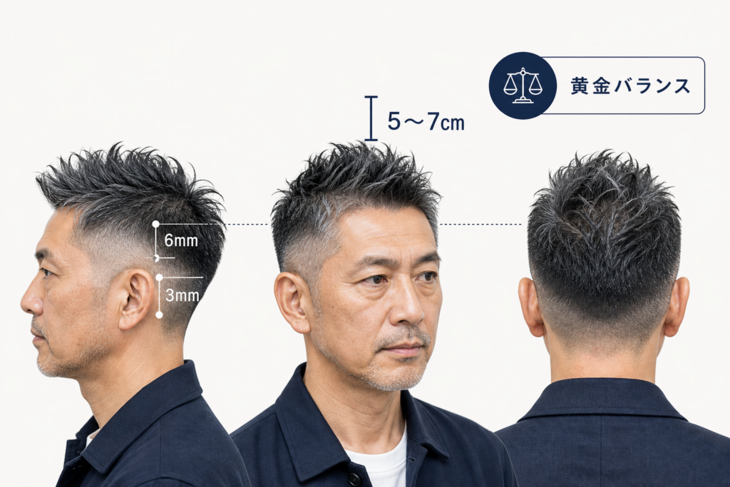 50代メンズソフトモヒカンの黄金比｜刈り上げは何ミリ・トップは何cm