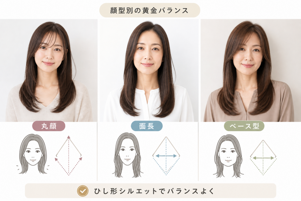 【顔型別】50代に似合うロングストレートの黄金バランス(丸顔・面長・ベース型)