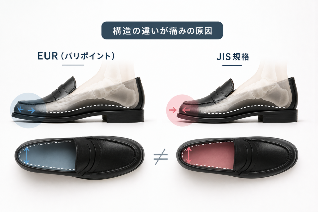 なぜ痛い?ZARAのEURサイズ(パリポイント)とJIS規格の構造的違い