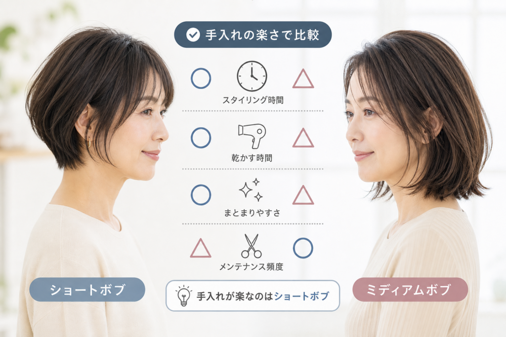 ショートボブvsミディアムボブ！50代が本当に手入れが楽なのはどっち？