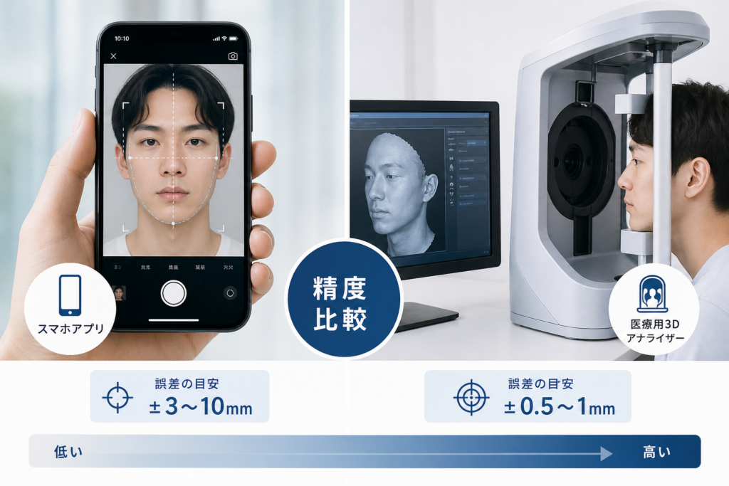 スマホアプリと医療用3D顔アナライザーの精度比較