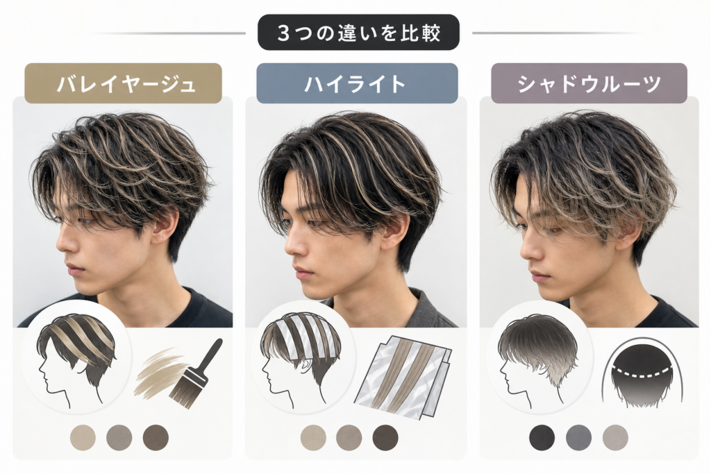 バレイヤージュ・ハイライト・シャドウルーツの違い比較