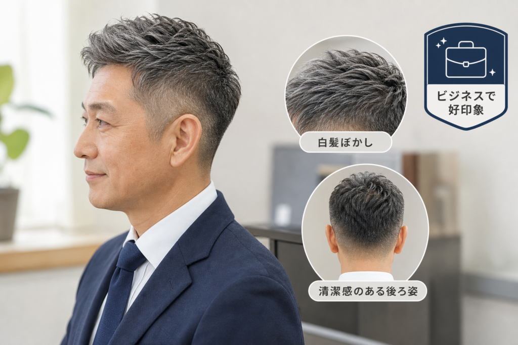 ビジネスで浮かない！50代のための上品ツーブロック＆白髪ぼかしカラー術