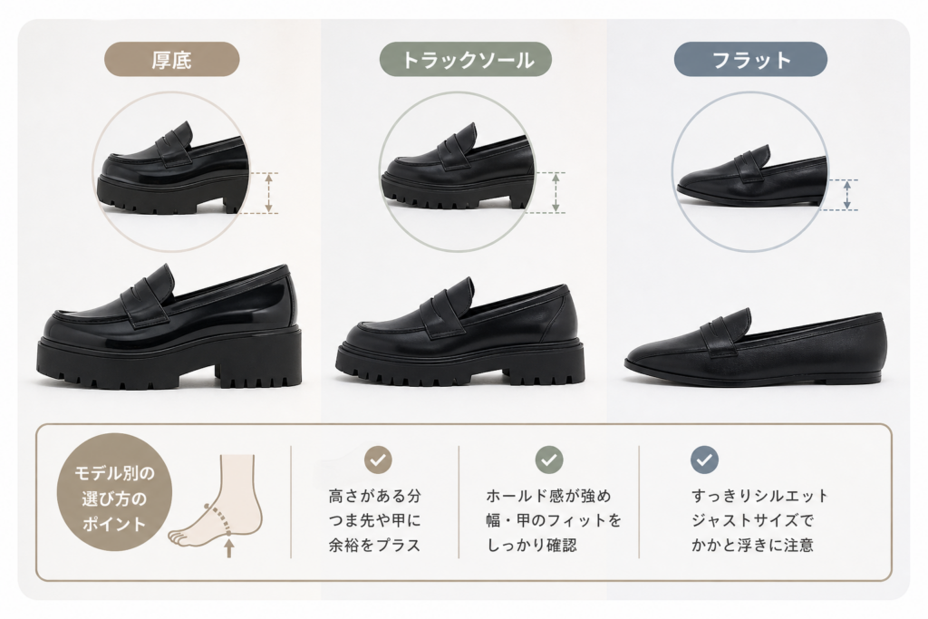 モデル別(厚底・トラックソール・フラット)のサイズ感と注意点