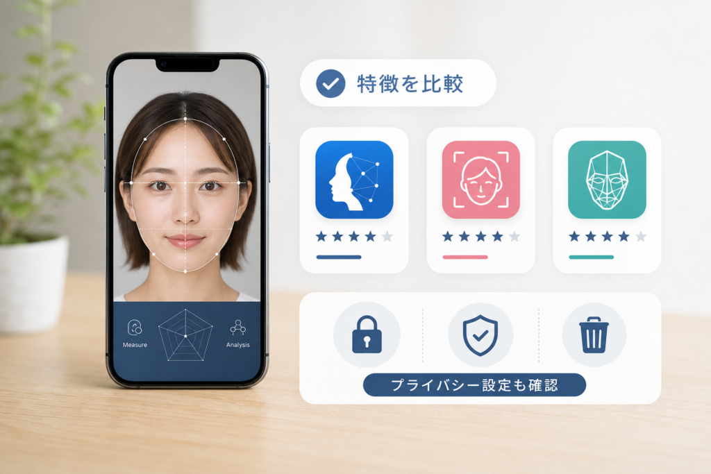 主要な顔測定・顔診断アプリの特徴とプライバシー設定