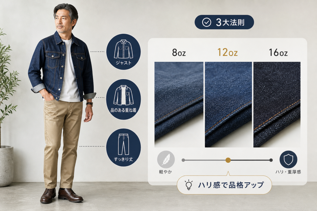 痛みを回避する「大人アメカジ3大法則」とハリ感(オンス)の活用