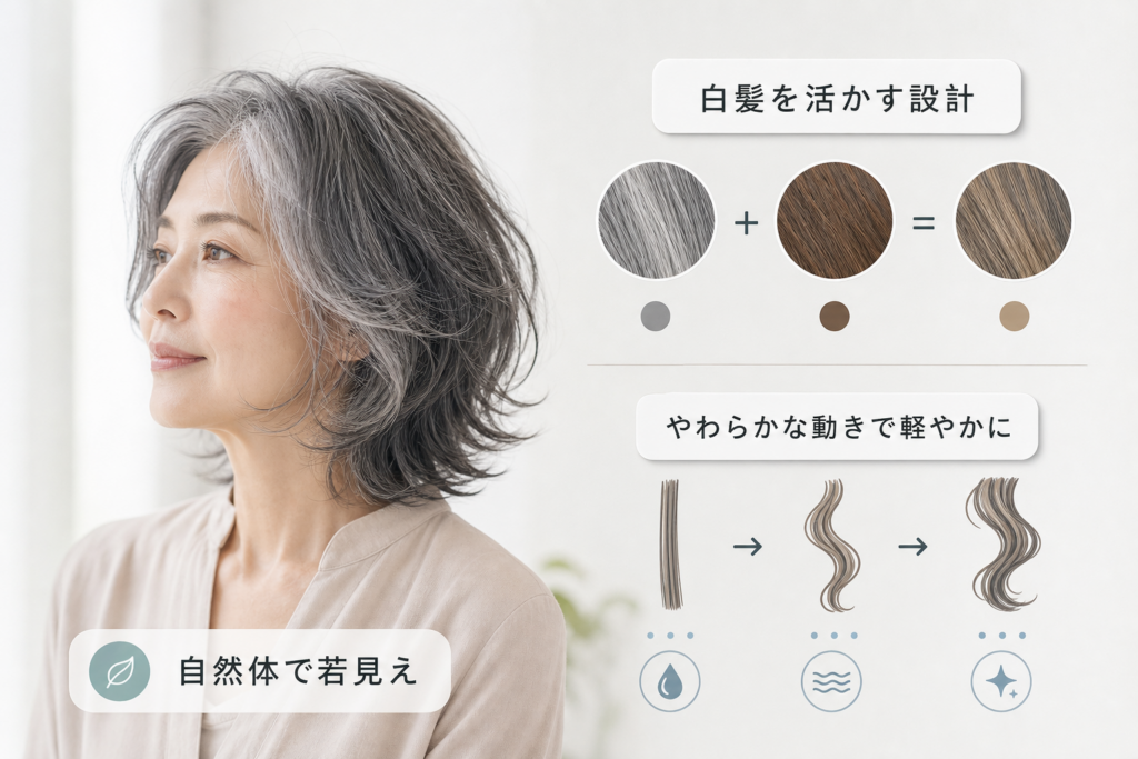 白髪とエイジング毛を味方につけるカラー&パーマ設計