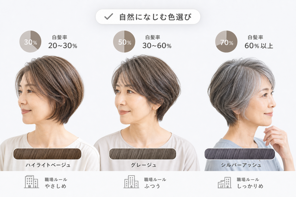 白髪率・職場ルール別|50代のための白髪ぼかしカラー選定